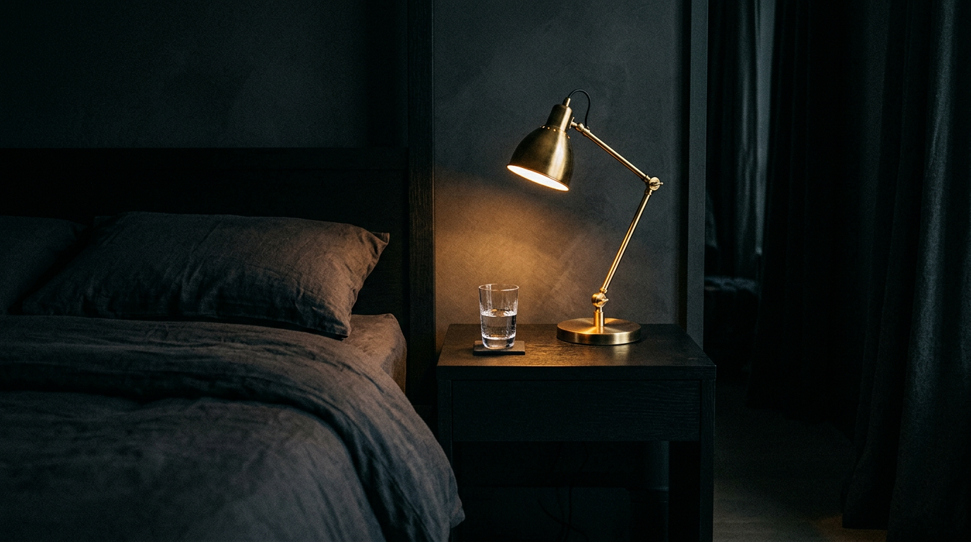Minimal bedside table — brass lamp, glass of water, nothing else