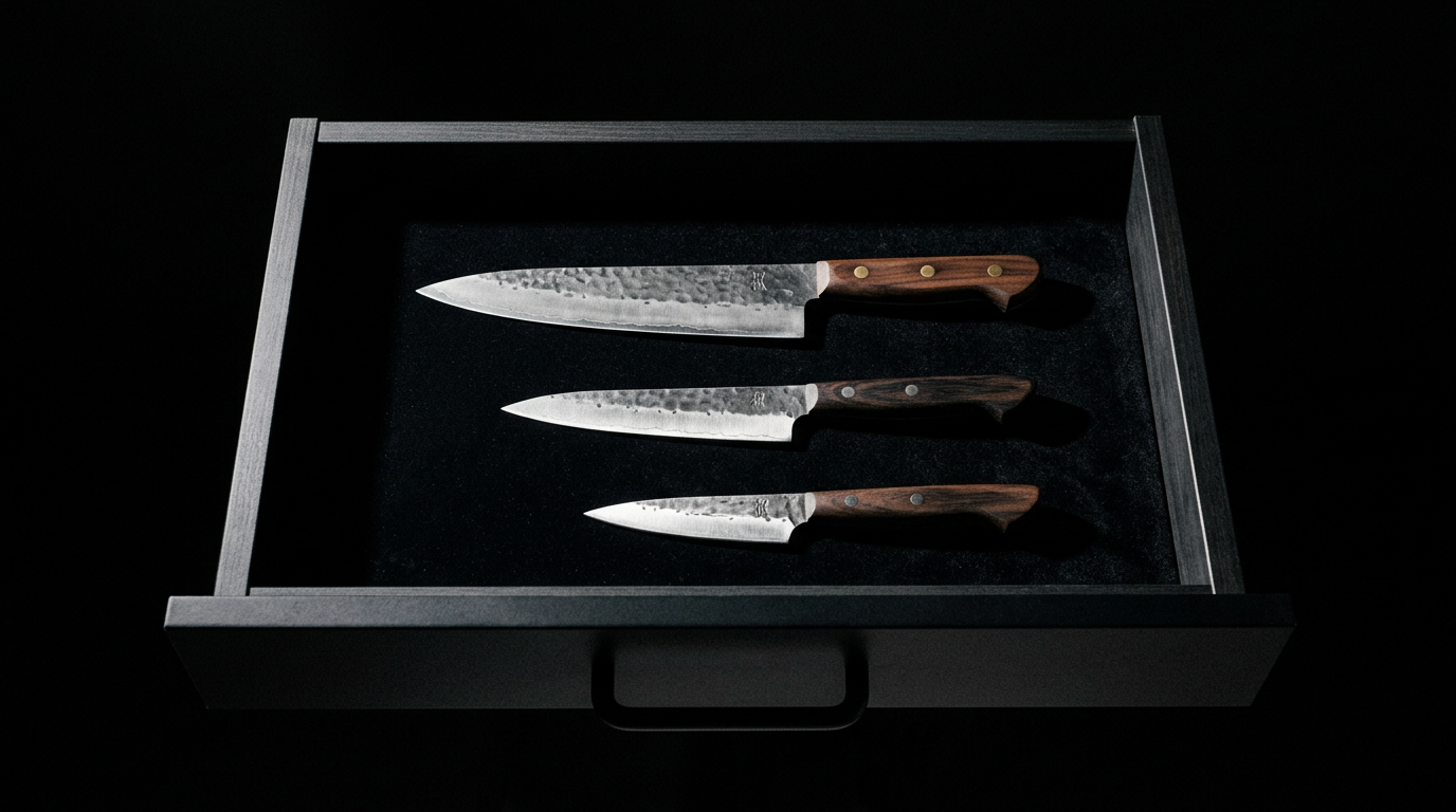 Three knives in a perfectly organised drawer — nothing else